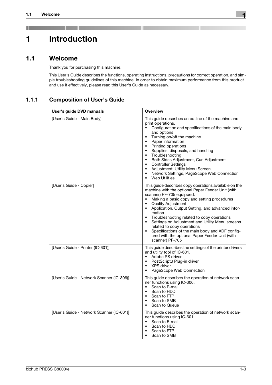 1 introduction, 1 welcome, 1 composition of user's guide | Introduction, Welcome -3, Composition of user's guide -3, 1introduction | Konica Minolta bizhub PRESS C8000e User Manual | Page 15 / 706