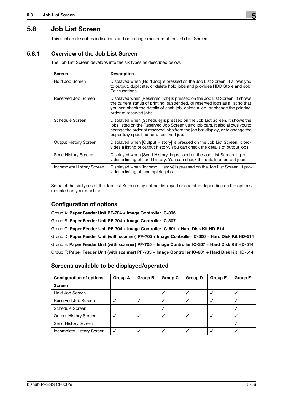 8 job list screen, 1 overview of the job list screen, Configuration of options | Screens available to be displayed/operated, Job list screen -56, Overview of the job list screen -56 | Konica Minolta bizhub PRESS C8000e User Manual | Page 196 / 706