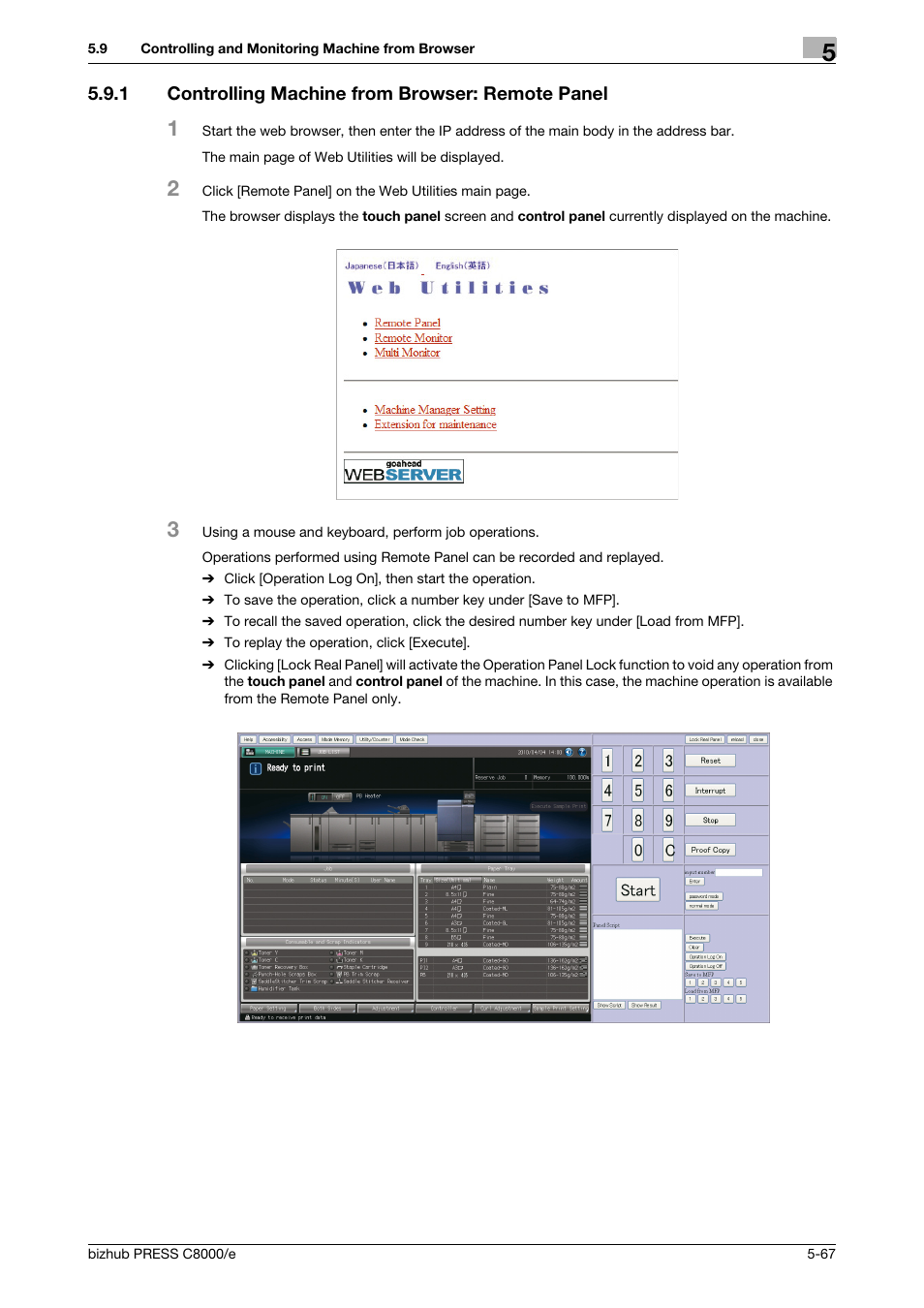 1 controlling machine from browser: remote panel, Controlling machine from browser: remote panel -67 | Konica Minolta bizhub PRESS C8000e User Manual | Page 207 / 706