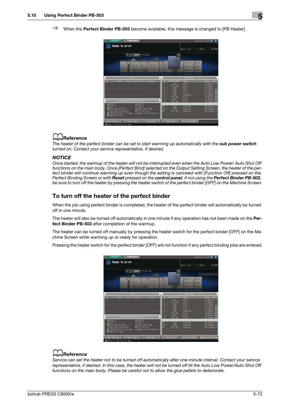 To turn off the heater of the perfect binder | Konica Minolta bizhub PRESS C8000e User Manual | Page 212 / 706