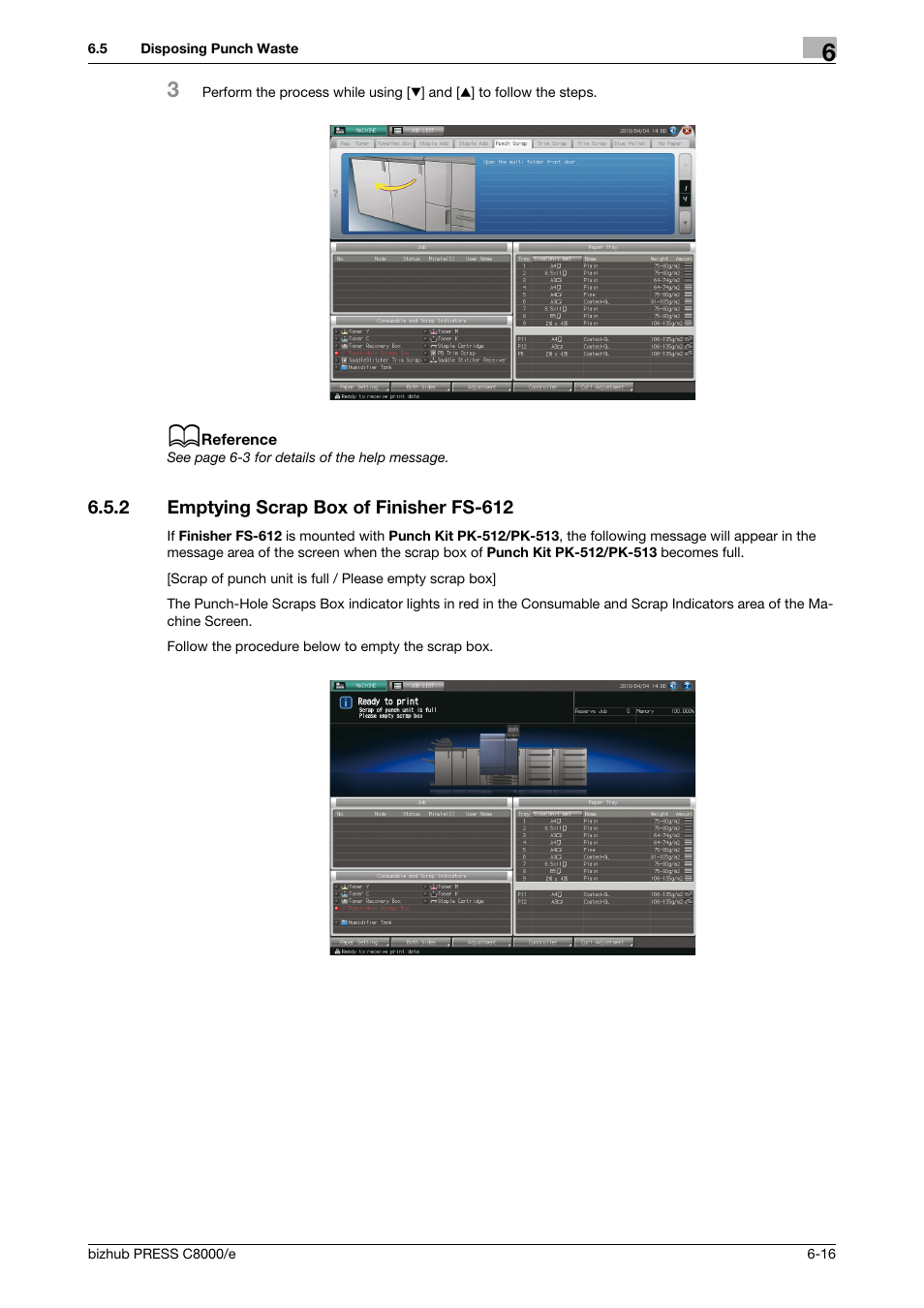 2 emptying scrap box of finisher fs-612, Emptying scrap box of finisher fs-612 -16 | Konica Minolta bizhub PRESS C8000e User Manual | Page 232 / 706