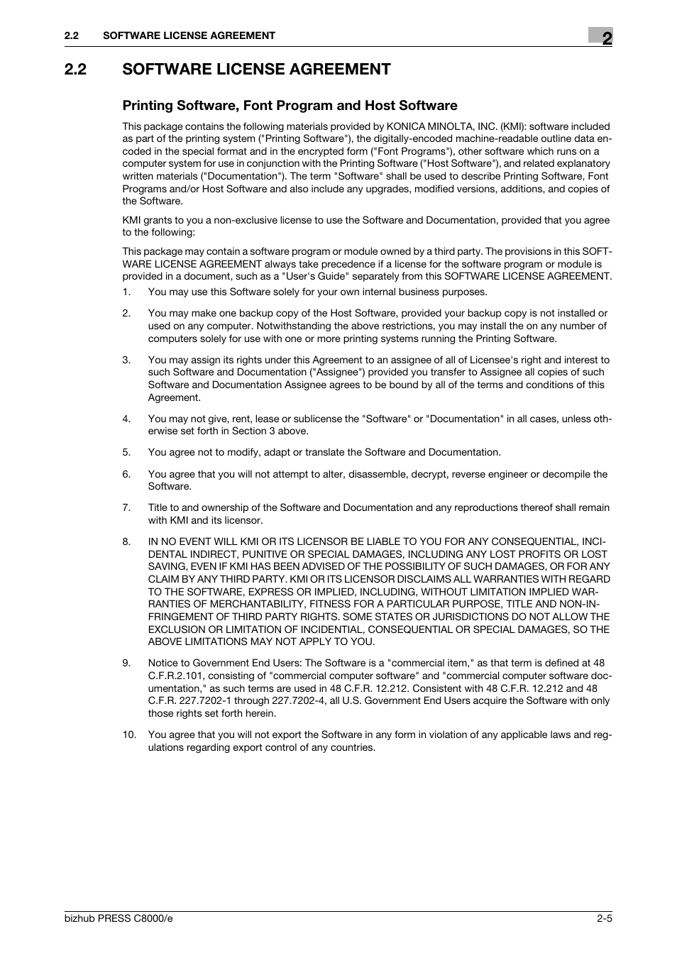 2 software license agreement, Printing software, font program and host software, Software license agreement -5 | Konica Minolta bizhub PRESS C8000e User Manual | Page 25 / 706
