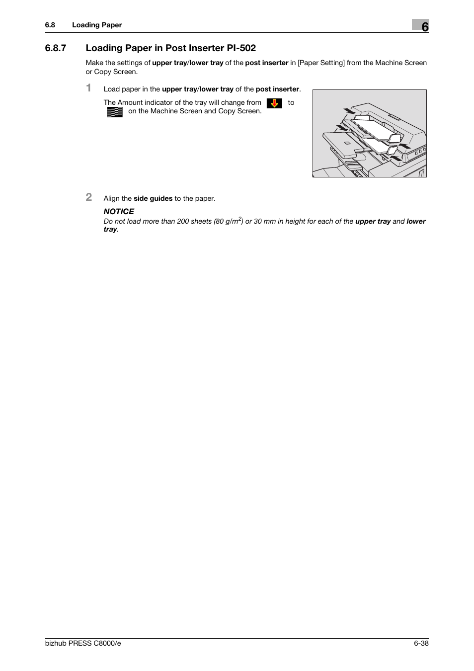 7 loading paper in post inserter pi-502, Loading paper in post inserter pi-502 -38 | Konica Minolta bizhub PRESS C8000e User Manual | Page 254 / 706