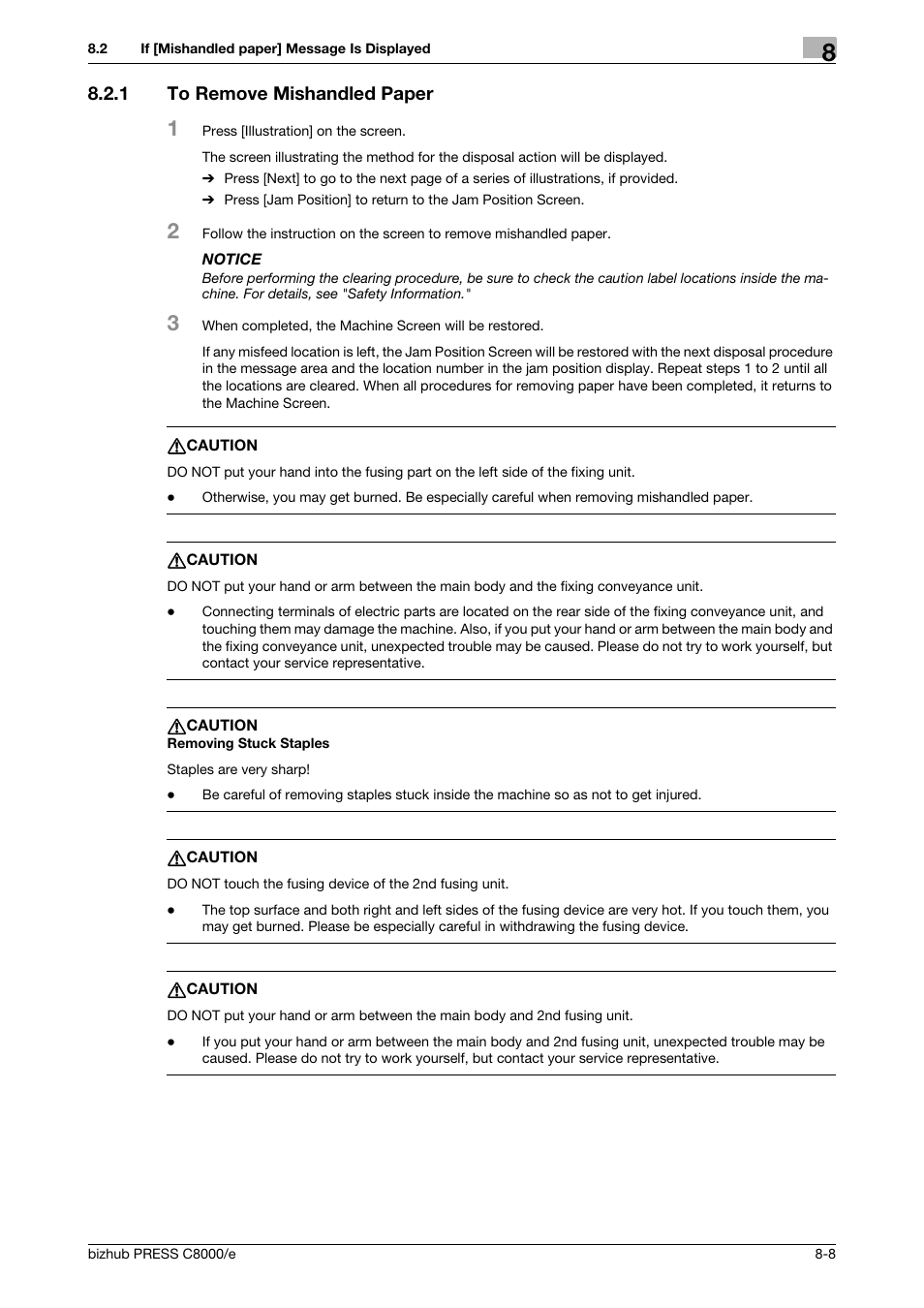 1 to remove mishandled paper, To remove mishandled paper -8 | Konica Minolta bizhub PRESS C8000e User Manual | Page 286 / 706