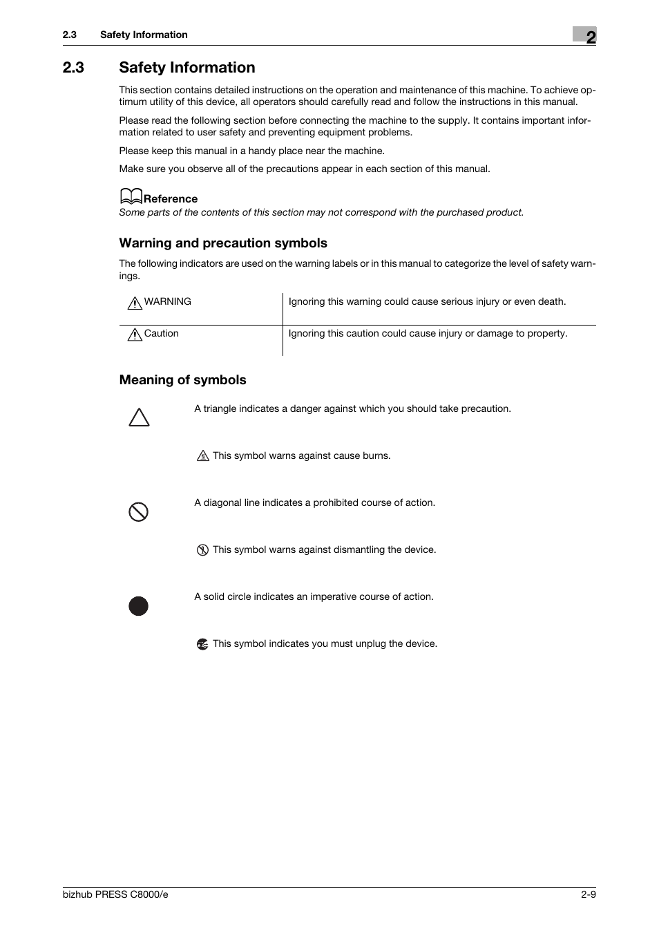 3 safety information, Warning and precaution symbols, Meaning of symbols | Safety information -9 | Konica Minolta bizhub PRESS C8000e User Manual | Page 29 / 706