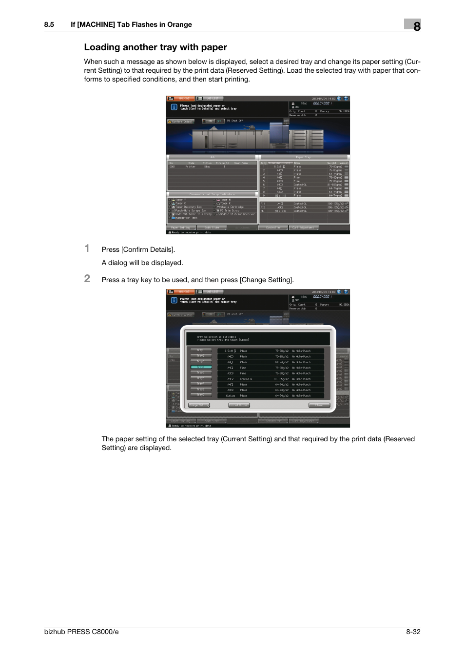 Loading another tray with paper | Konica Minolta bizhub PRESS C8000e User Manual | Page 310 / 706