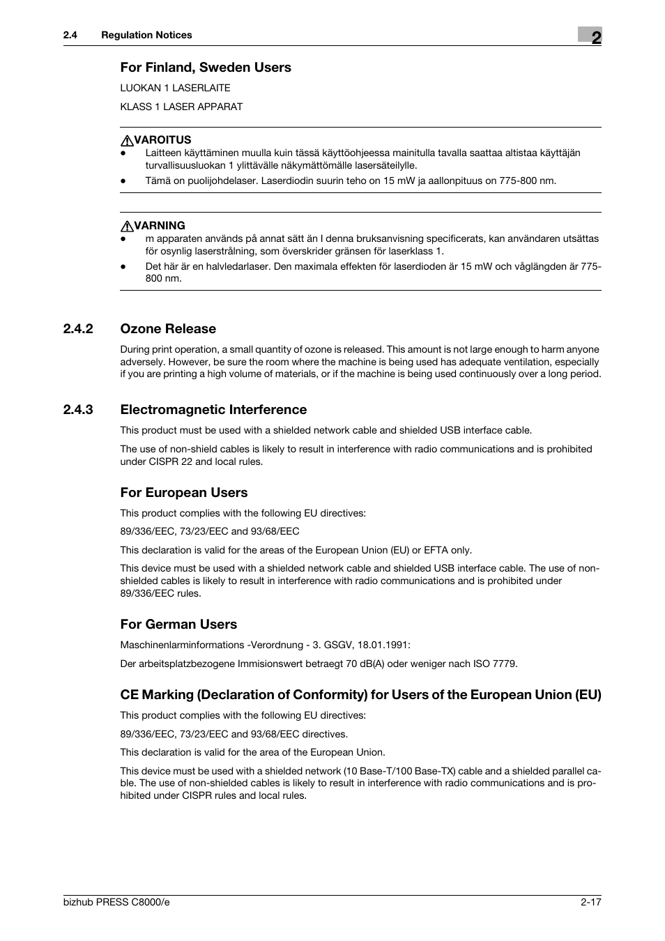 For finland, sweden users, 2 ozone release, 3 electromagnetic interference | For european users, For german users, Ozone release -17, Electromagnetic interference -17 | Konica Minolta bizhub PRESS C8000e User Manual | Page 37 / 706