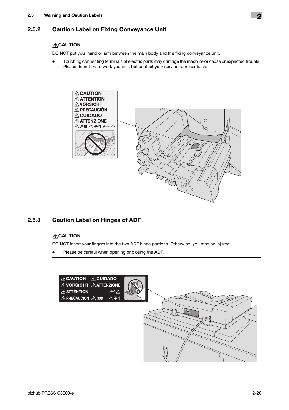 2 caution label on fixing conveyance unit, 3 caution label on hinges of adf, Caution label on fixing conveyance unit -20 | Caution label on hinges of adf -20 | Konica Minolta bizhub PRESS C8000e User Manual | Page 40 / 706