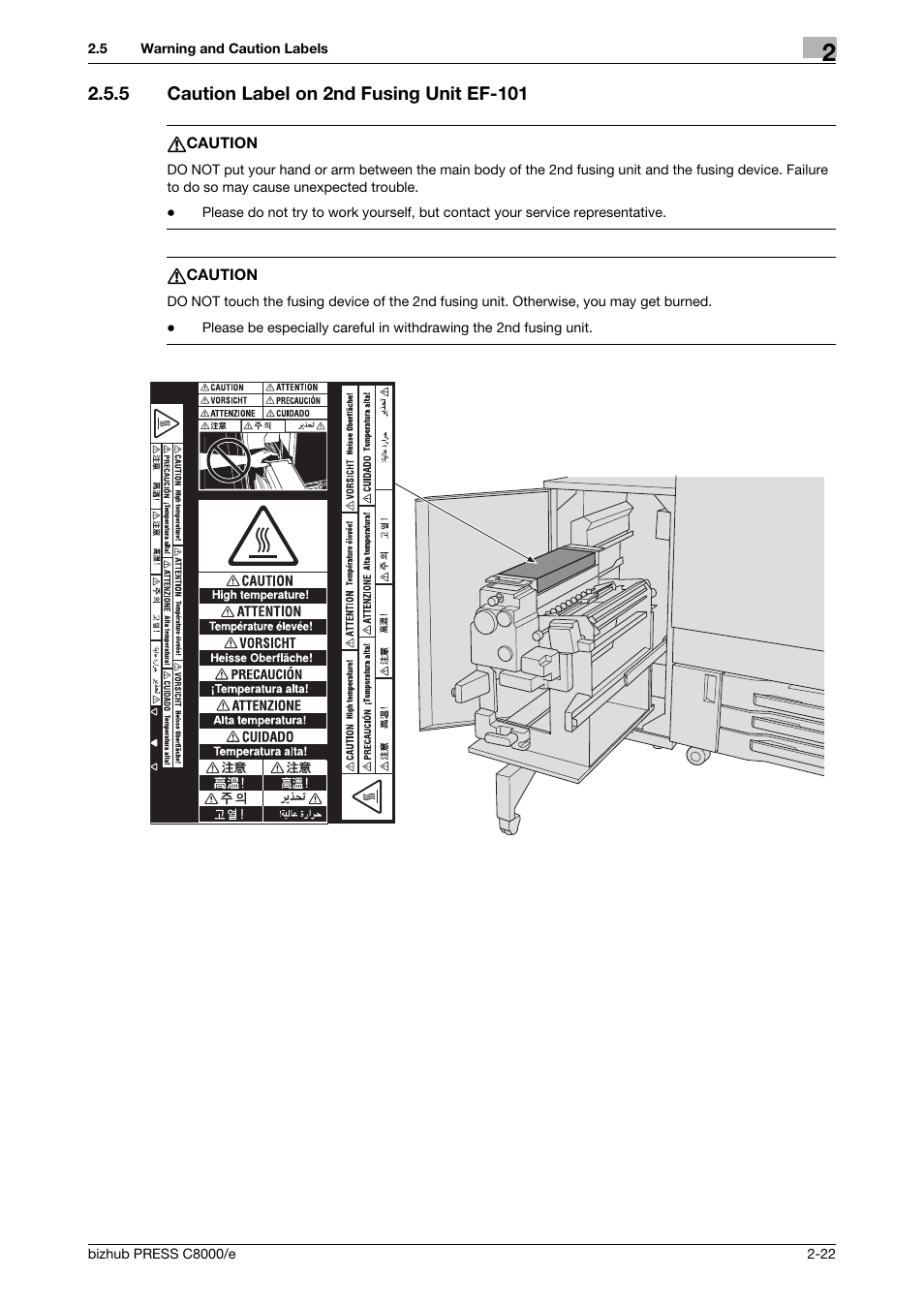 5 caution label on 2nd fusing unit ef-101, Caution label on 2nd fusing unit ef-101 -22 | Konica Minolta bizhub PRESS C8000e User Manual | Page 42 / 706