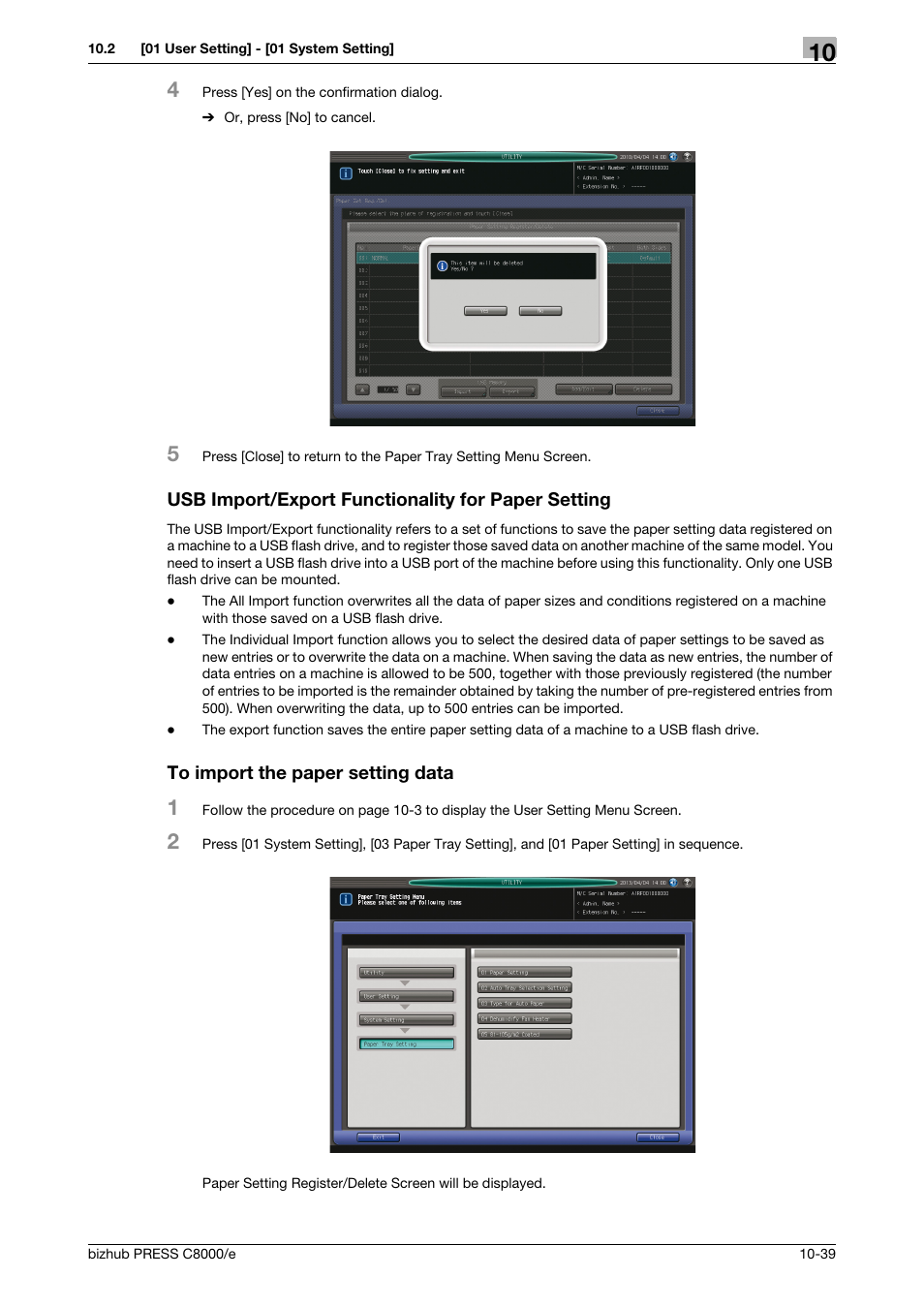 Usb import/export functionality for paper setting, To import the paper setting data | Konica Minolta bizhub PRESS C8000e User Manual | Page 453 / 706