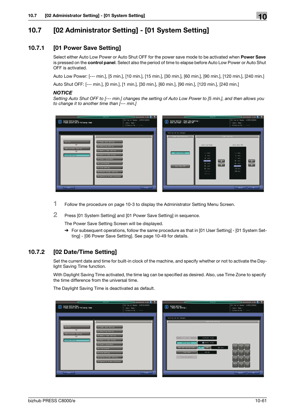 7 [02 administrator setting] - [01 system setting, 1 [01 power save setting, 2 [02 date/time setting | 01 power save setting] -61, 02 date/time setting] -61 | Konica Minolta bizhub PRESS C8000e User Manual | Page 475 / 706