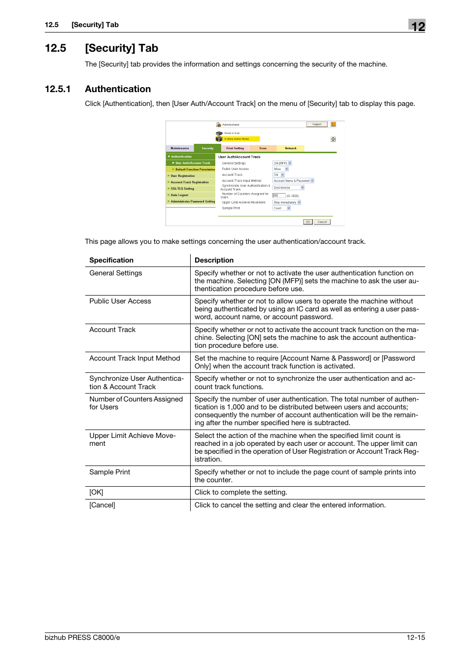 5 [security] tab, 1 authentication, Security] tab -15 | Authentication -15 | Konica Minolta bizhub PRESS C8000e User Manual | Page 589 / 706