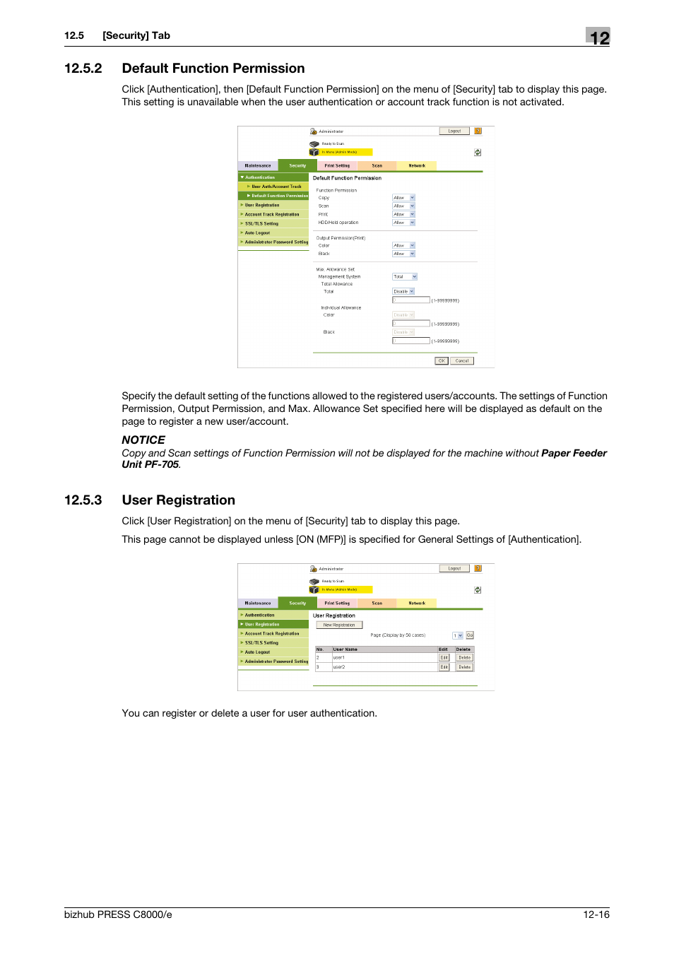 2 default function permission, 3 user registration, Default function permission -16 | User registration -16 | Konica Minolta bizhub PRESS C8000e User Manual | Page 590 / 706