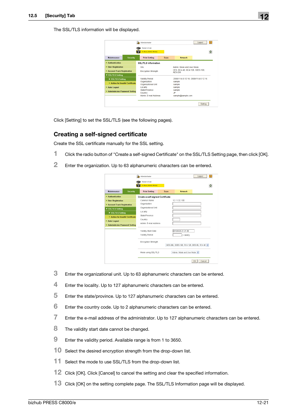 Creating a self-signed certificate | Konica Minolta bizhub PRESS C8000e User Manual | Page 595 / 706