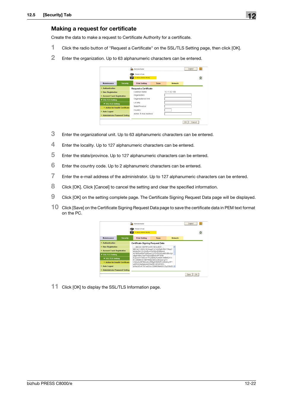 Making a request for certificate | Konica Minolta bizhub PRESS C8000e User Manual | Page 596 / 706