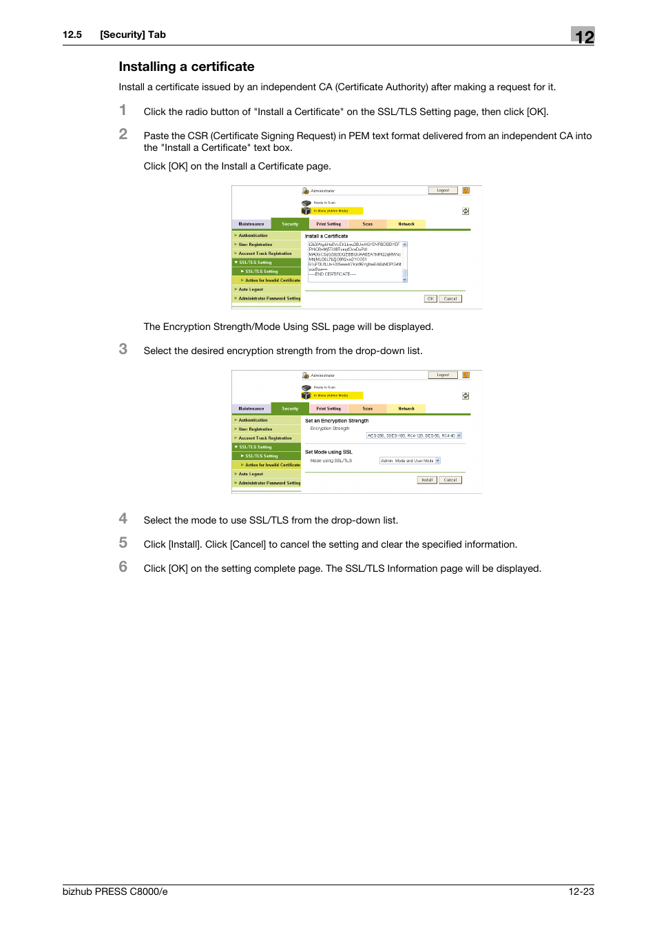 Installing a certificate | Konica Minolta bizhub PRESS C8000e User Manual | Page 597 / 706