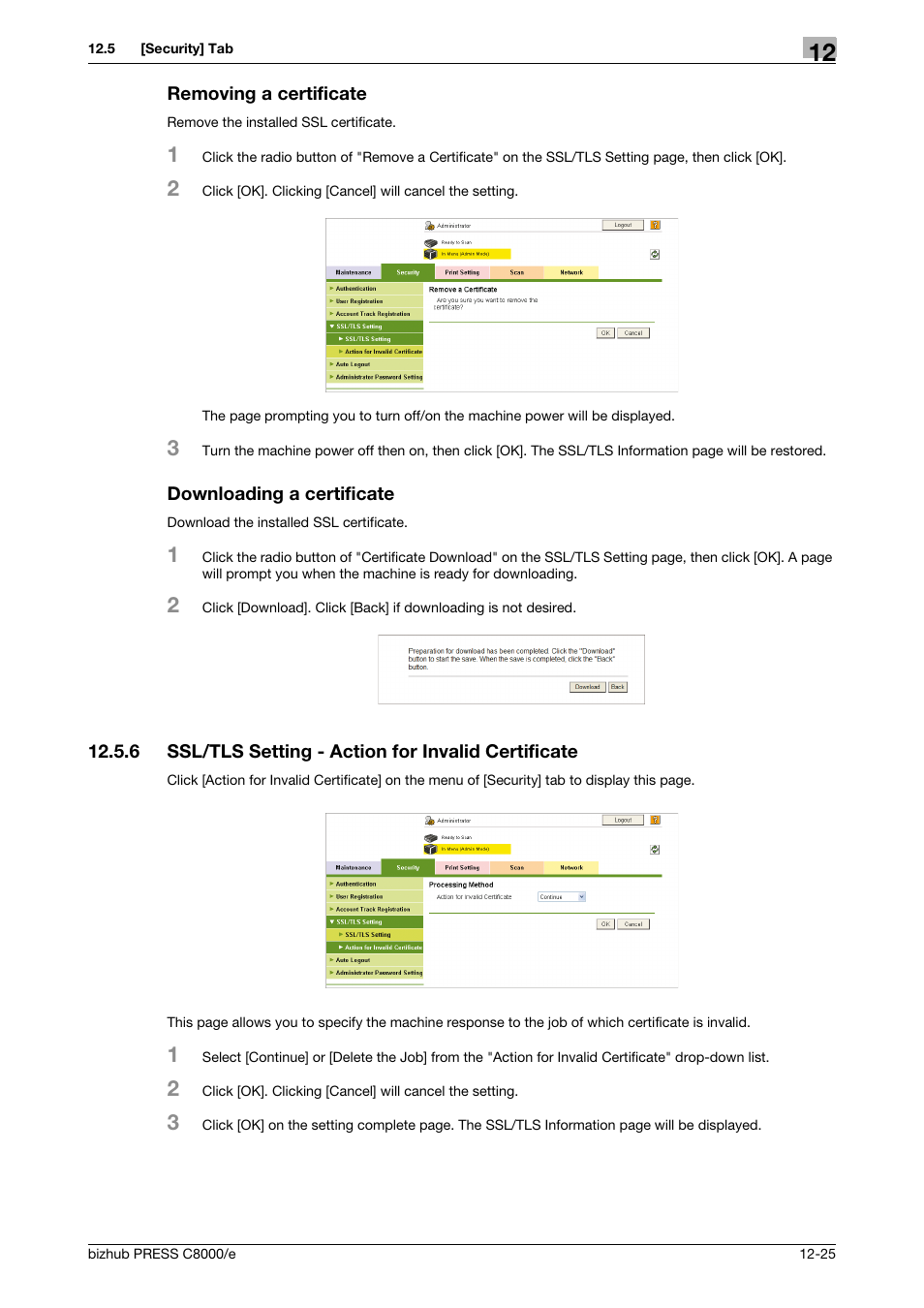 Removing a certificate, Downloading a certificate, 6 ssl/tls setting - action for invalid certificate | Konica Minolta bizhub PRESS C8000e User Manual | Page 599 / 706