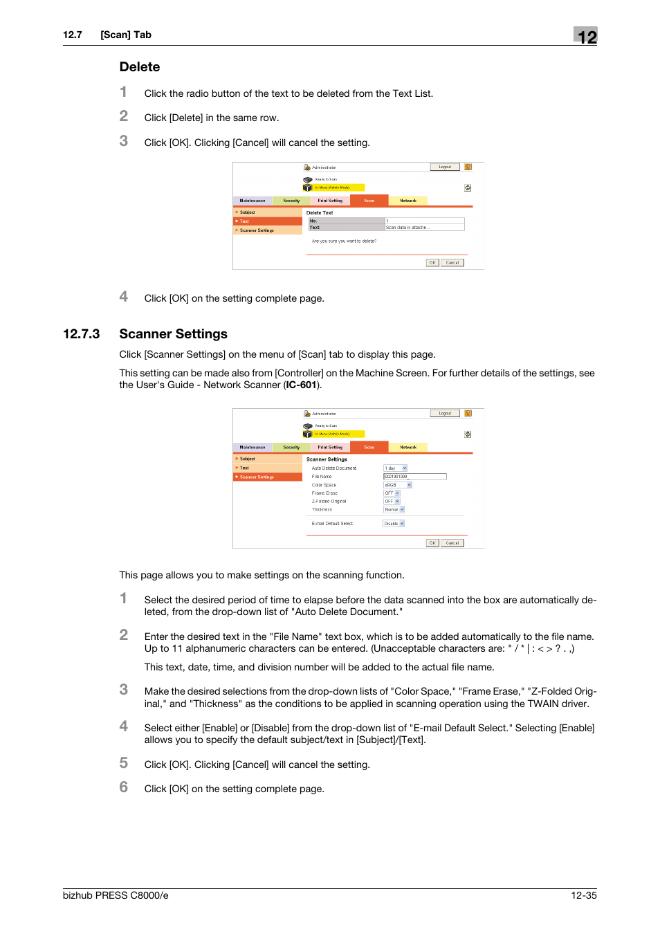 Delete, 3 scanner settings, Scanner settings -35 | Konica Minolta bizhub PRESS C8000e User Manual | Page 609 / 706
