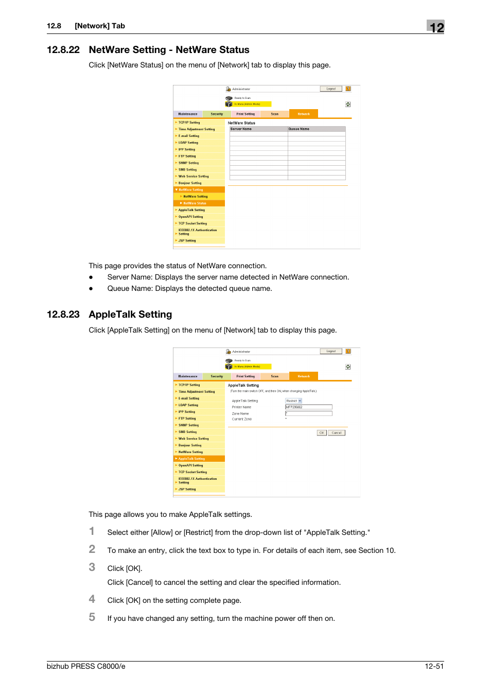 22 netware setting - netware status, 23 appletalk setting, Netware setting - netware status -51 | Appletalk setting -51 | Konica Minolta bizhub PRESS C8000e User Manual | Page 625 / 706