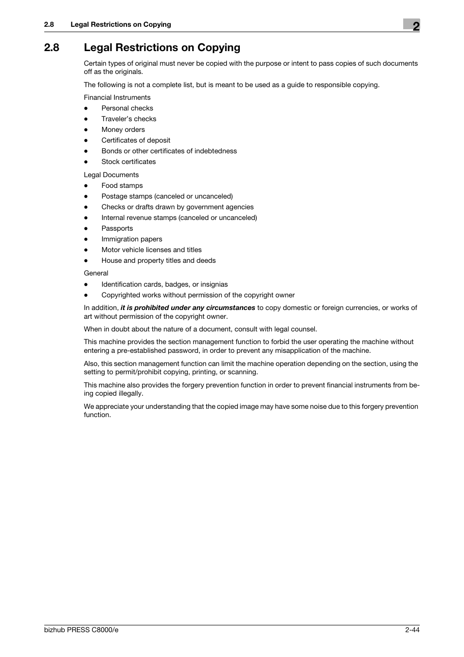8 legal restrictions on copying, Legal restrictions on copying -44 | Konica Minolta bizhub PRESS C8000e User Manual | Page 64 / 706