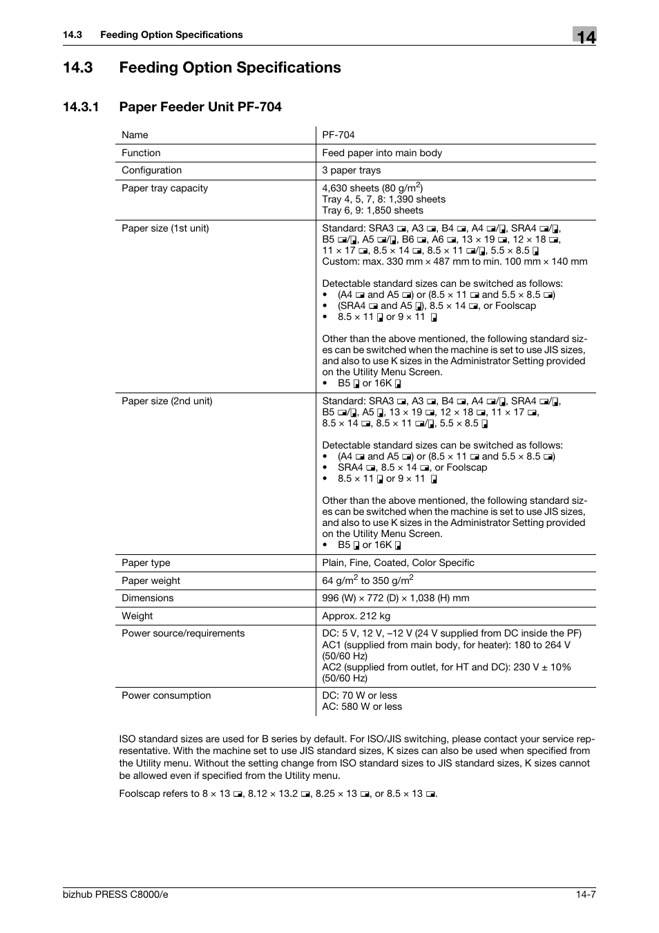 3 feeding option specifications, 1 paper feeder unit pf-704, Feeding option specifications -7 | Paper feeder unit pf-704 -7 | Konica Minolta bizhub PRESS C8000e User Manual | Page 673 / 706