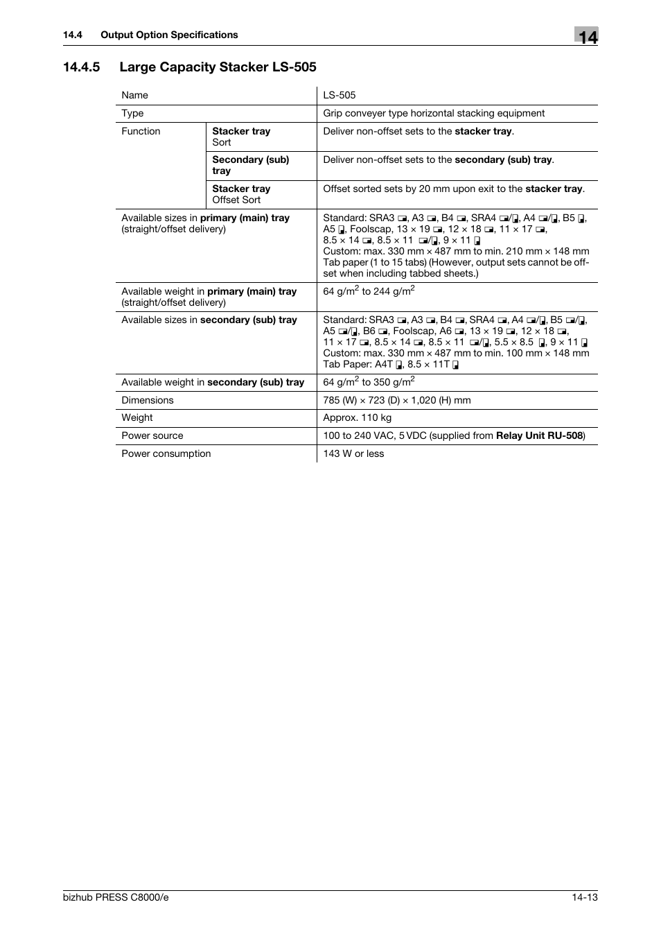 5 large capacity stacker ls-505, Large capacity stacker ls-505 -13 | Konica Minolta bizhub PRESS C8000e User Manual | Page 679 / 706