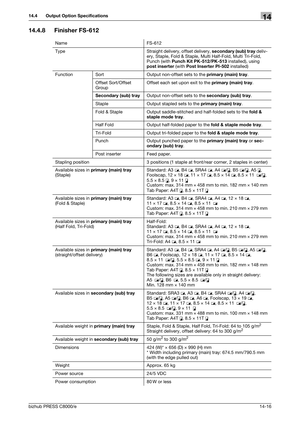 8 finisher fs-612, Finisher fs-612 -16 | Konica Minolta bizhub PRESS C8000e User Manual | Page 682 / 706