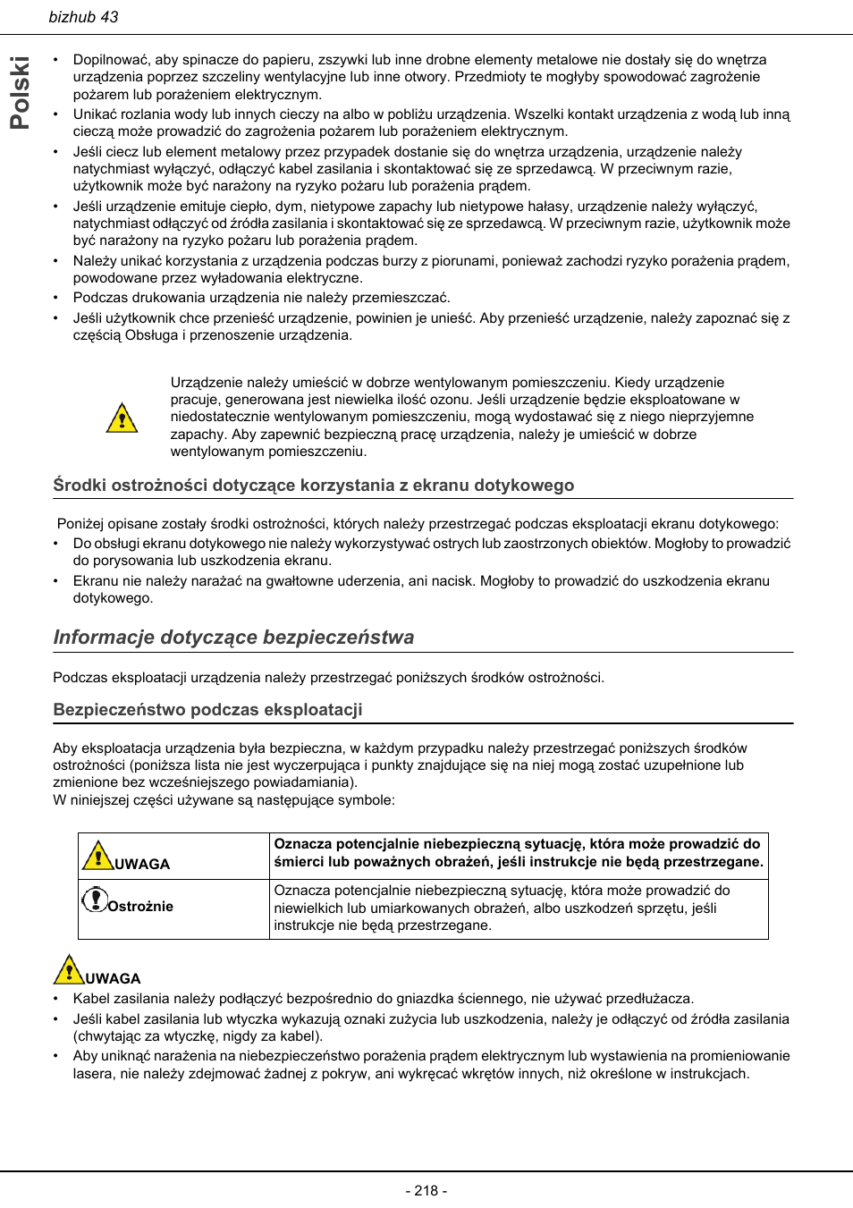 Informacje dotyczące bezpieczeństwa, Bezpieczeństwo podczas eksploatacji, Polski | Konica Minolta bizhub 43 User Manual | Page 220 / 258