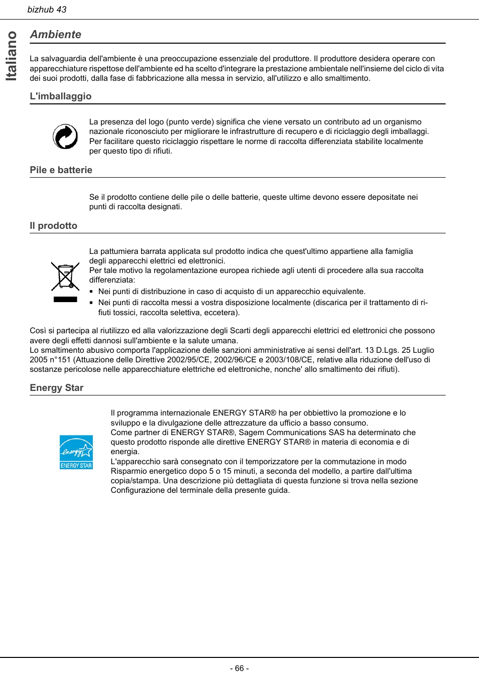 Ambiente, Italiano, L'imballaggio | Pile e batterie, Il prodotto, Energy star | Konica Minolta bizhub 43 User Manual | Page 68 / 258