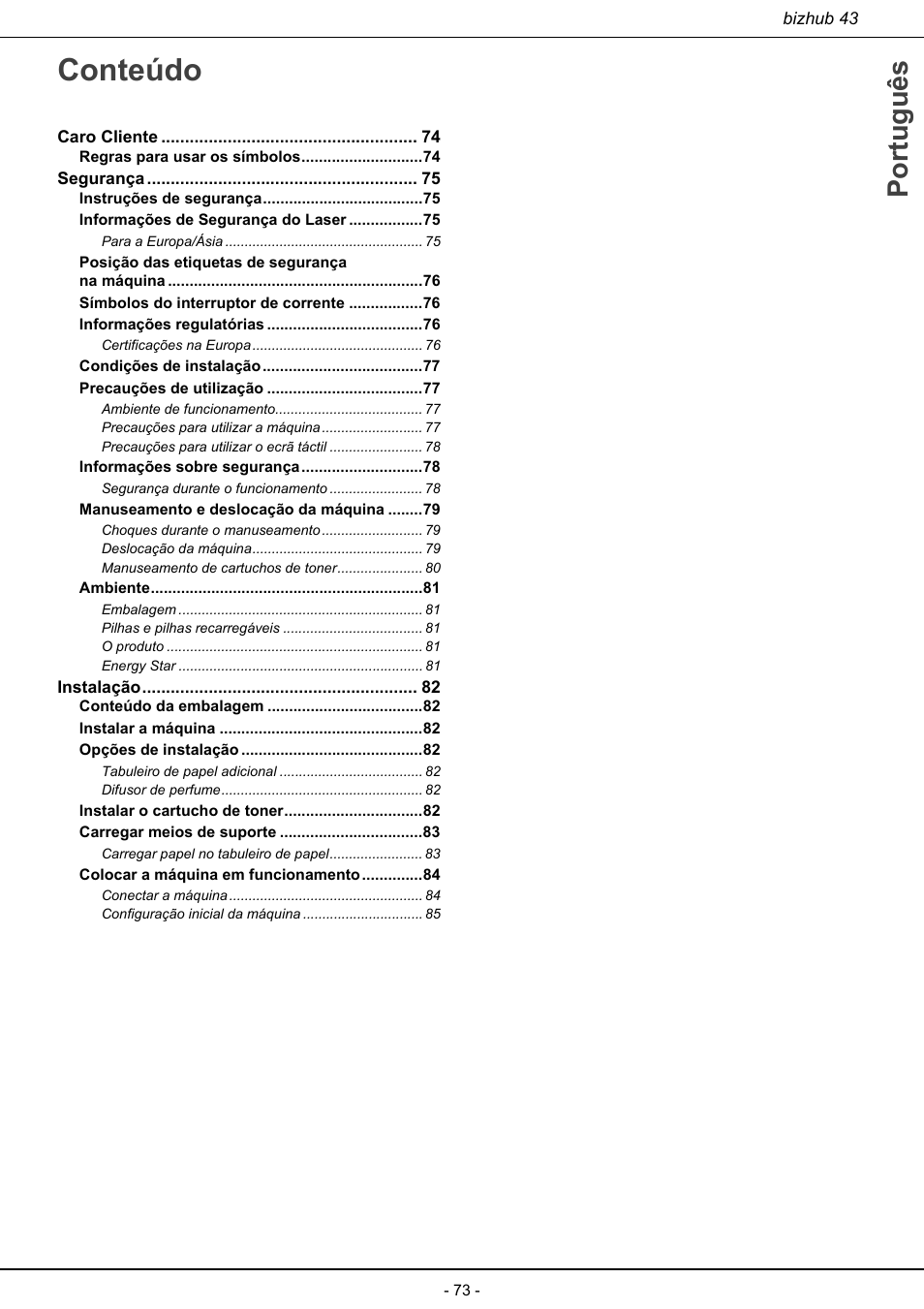 Conteúdo, Português | Konica Minolta bizhub 43 User Manual | Page 75 / 258