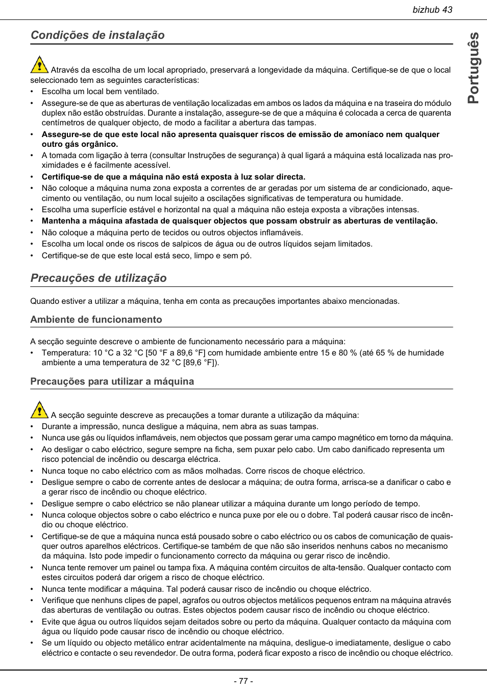 Condições de instalação precauções de utilização, Português, Condições de instalação | Precauções de utilização | Konica Minolta bizhub 43 User Manual | Page 79 / 258