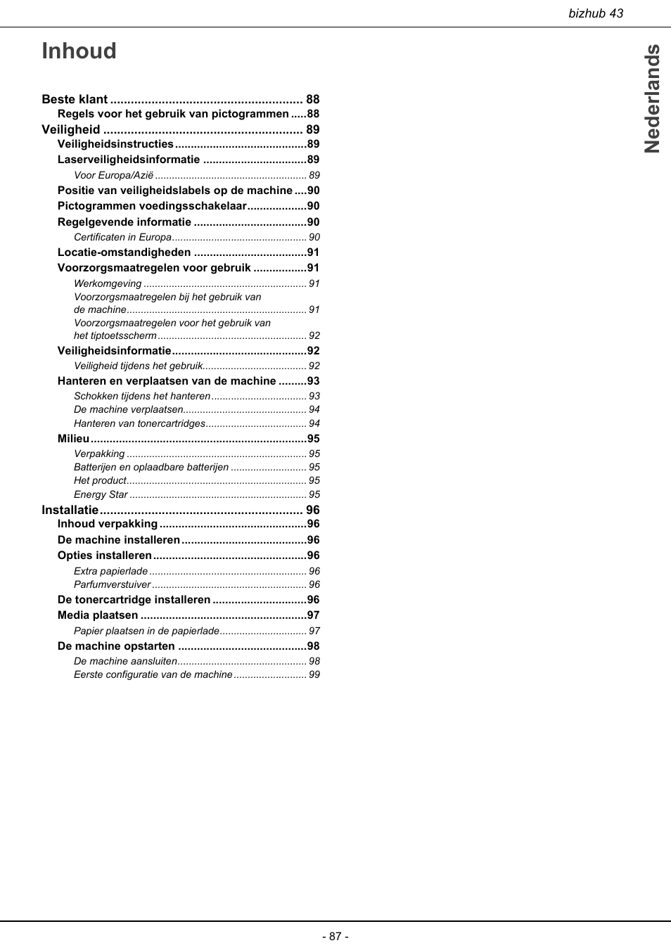 Inhoud, Nederlands | Konica Minolta bizhub 43 User Manual | Page 89 / 258