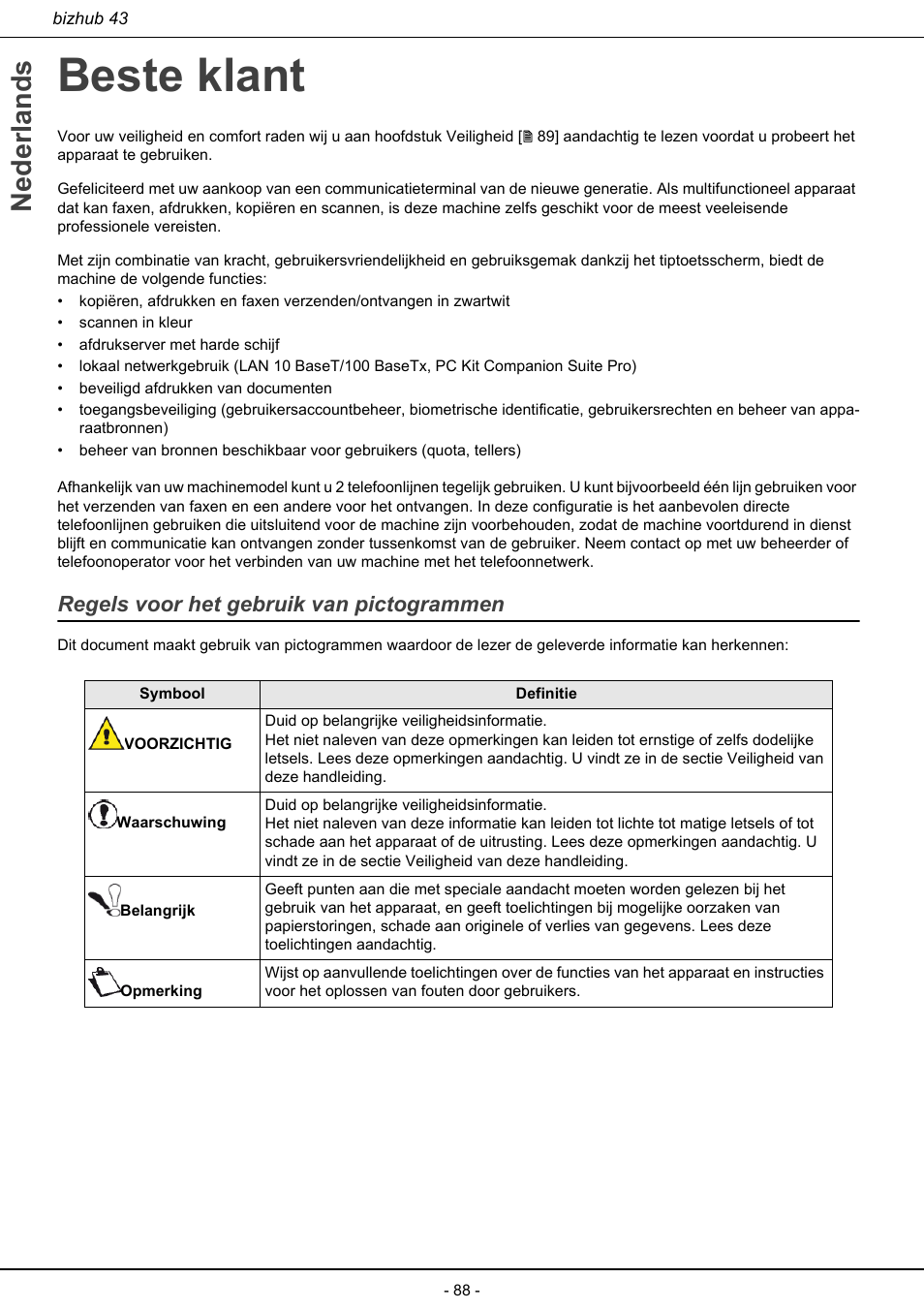 Beste klant, Regels voor het gebruik van pictogrammen, Nederlands | Konica Minolta bizhub 43 User Manual | Page 90 / 258