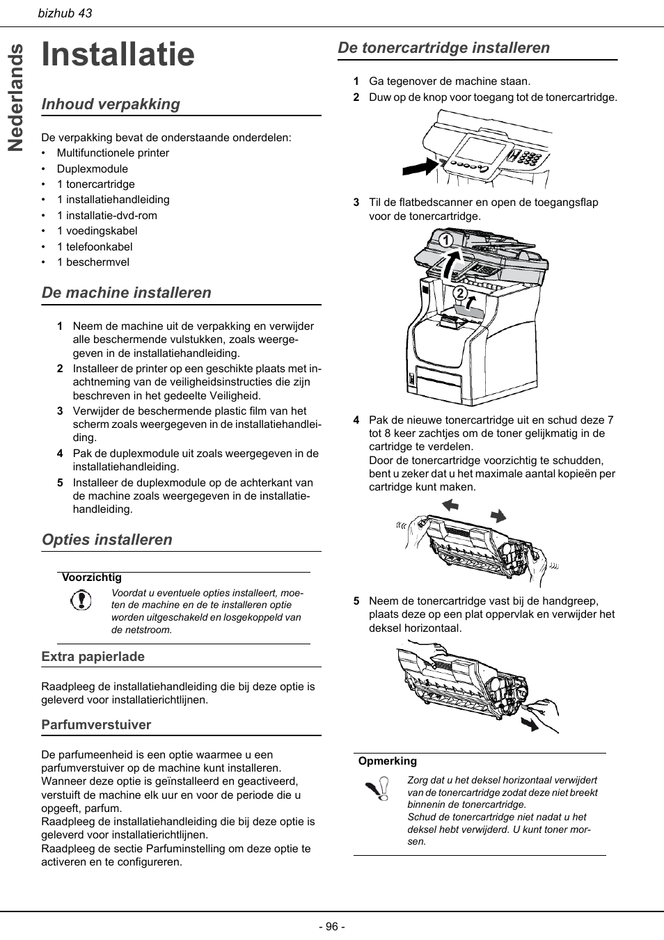 Installatie, Extra papierlade parfumverstuiver, De tonercartridge installeren | Nederlands, Inhoud verpakking, De machine installeren, Opties installeren | Konica Minolta bizhub 43 User Manual | Page 98 / 258