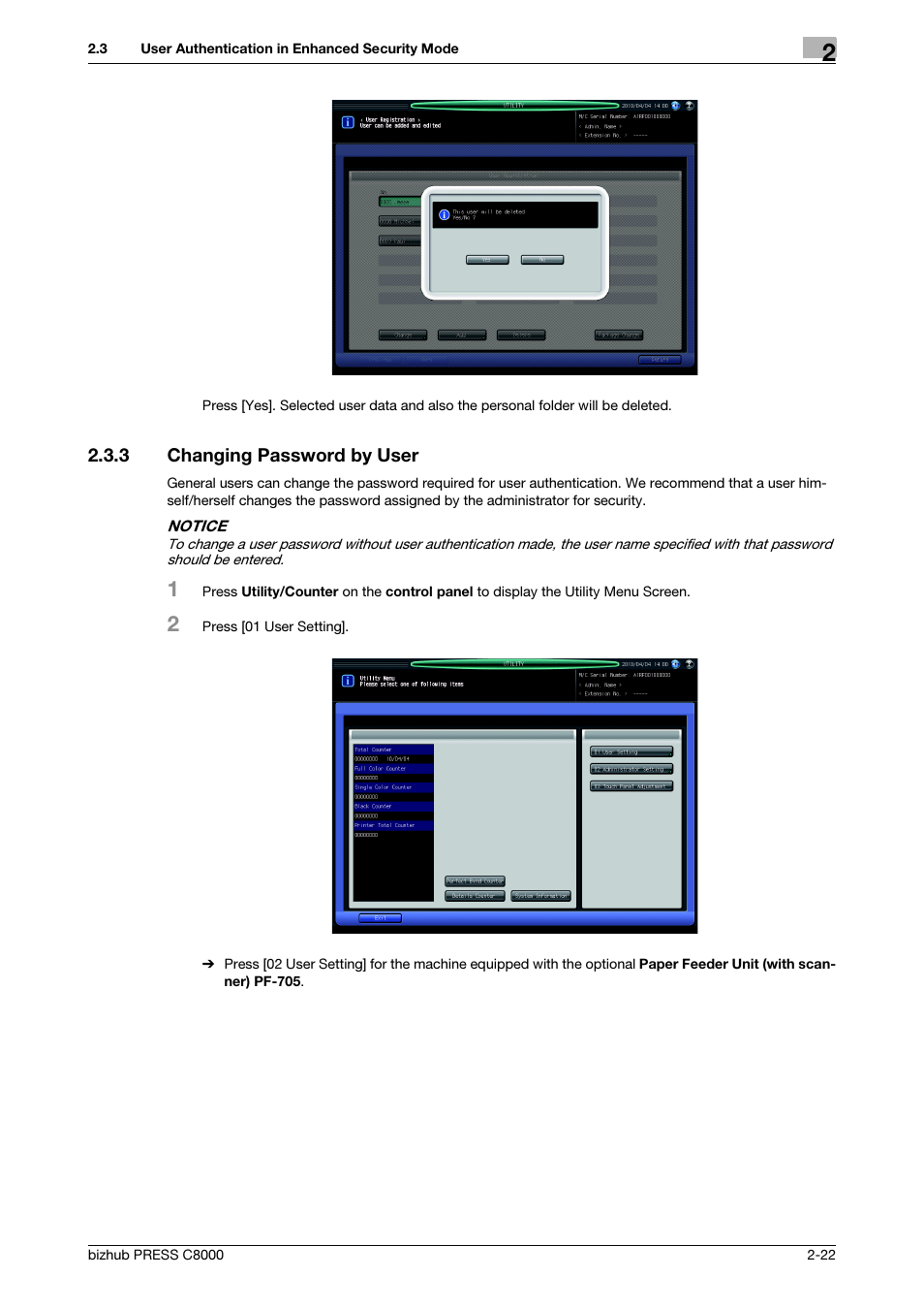 3 changing password by user, Changing password by user -22 | Konica Minolta bizhub PRESS C8000e User Manual | Page 29 / 48
