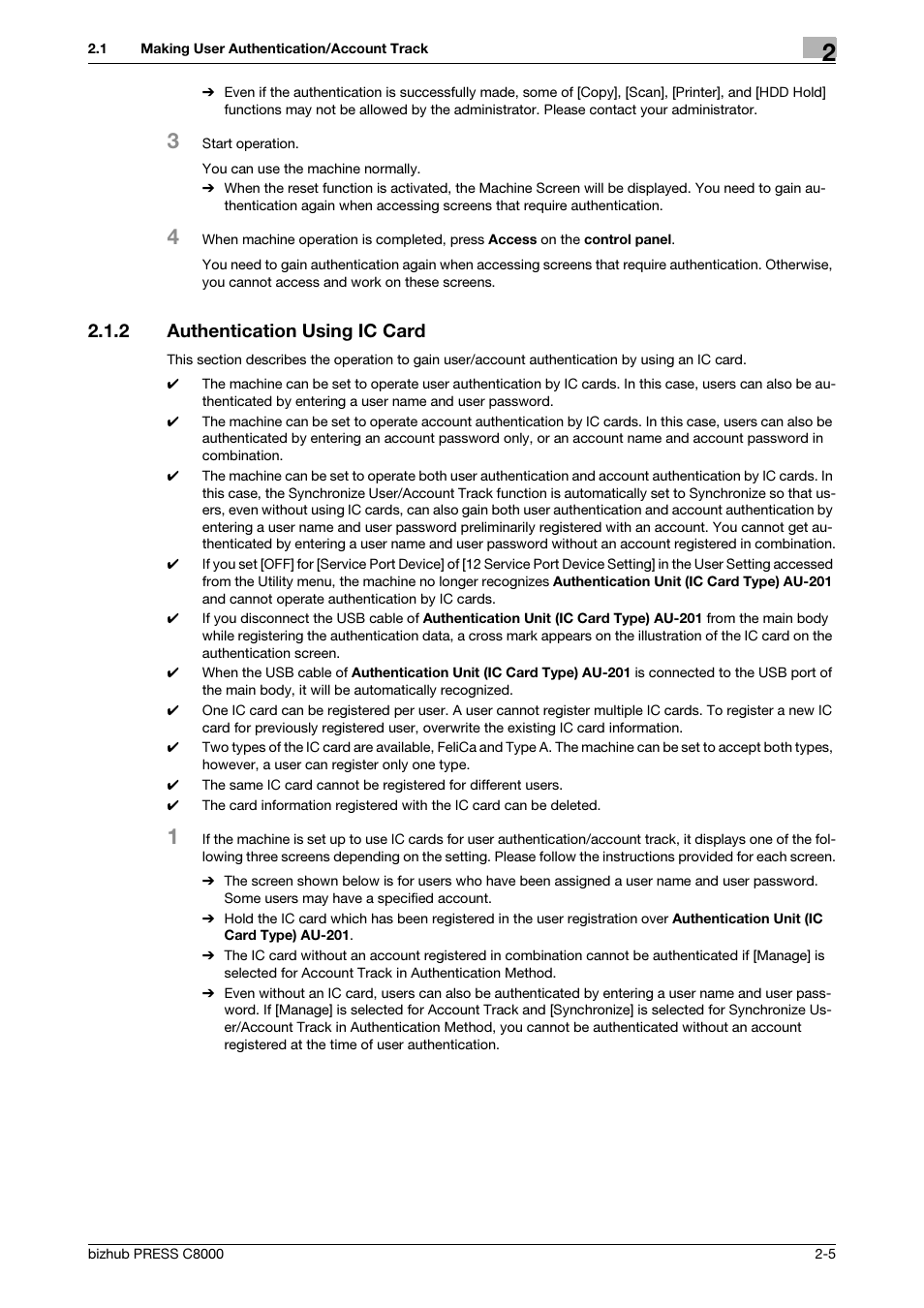 2 authentication using ic card, Authentication using ic card -5 | Konica Minolta bizhub PRESS C8000e User Manual | Page 17 / 418