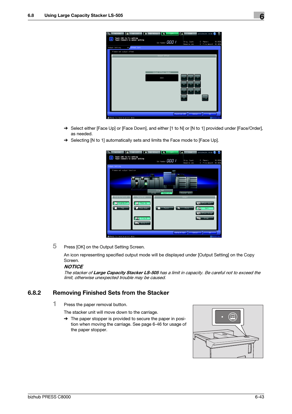 2 removing finished sets from the stacker, Removing finished sets from the stacker -43 | Konica Minolta bizhub PRESS C8000e User Manual | Page 207 / 418