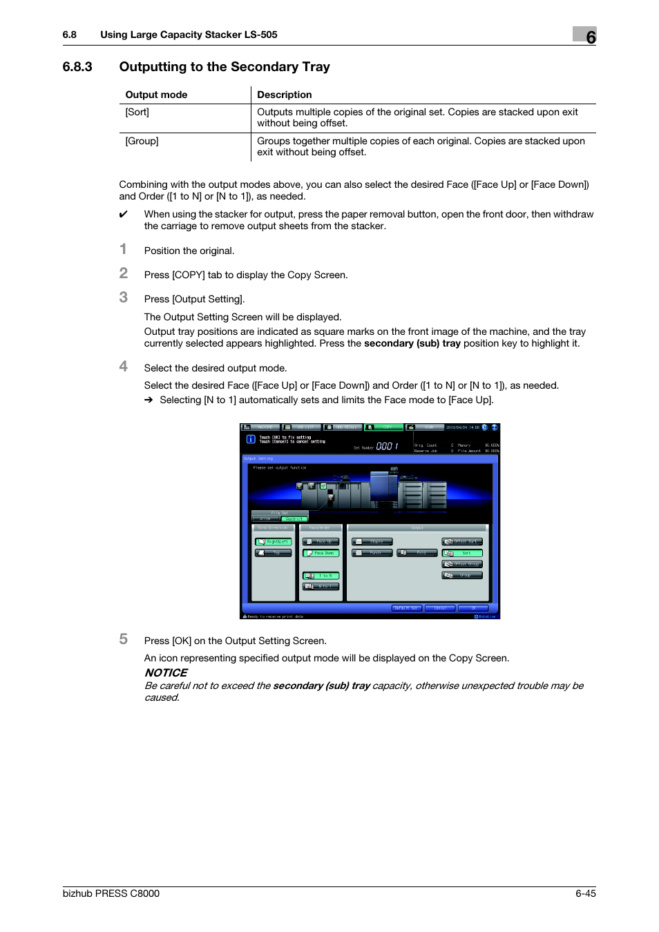 3 outputting to the secondary tray, Outputting to the secondary tray -45 | Konica Minolta bizhub PRESS C8000e User Manual | Page 209 / 418