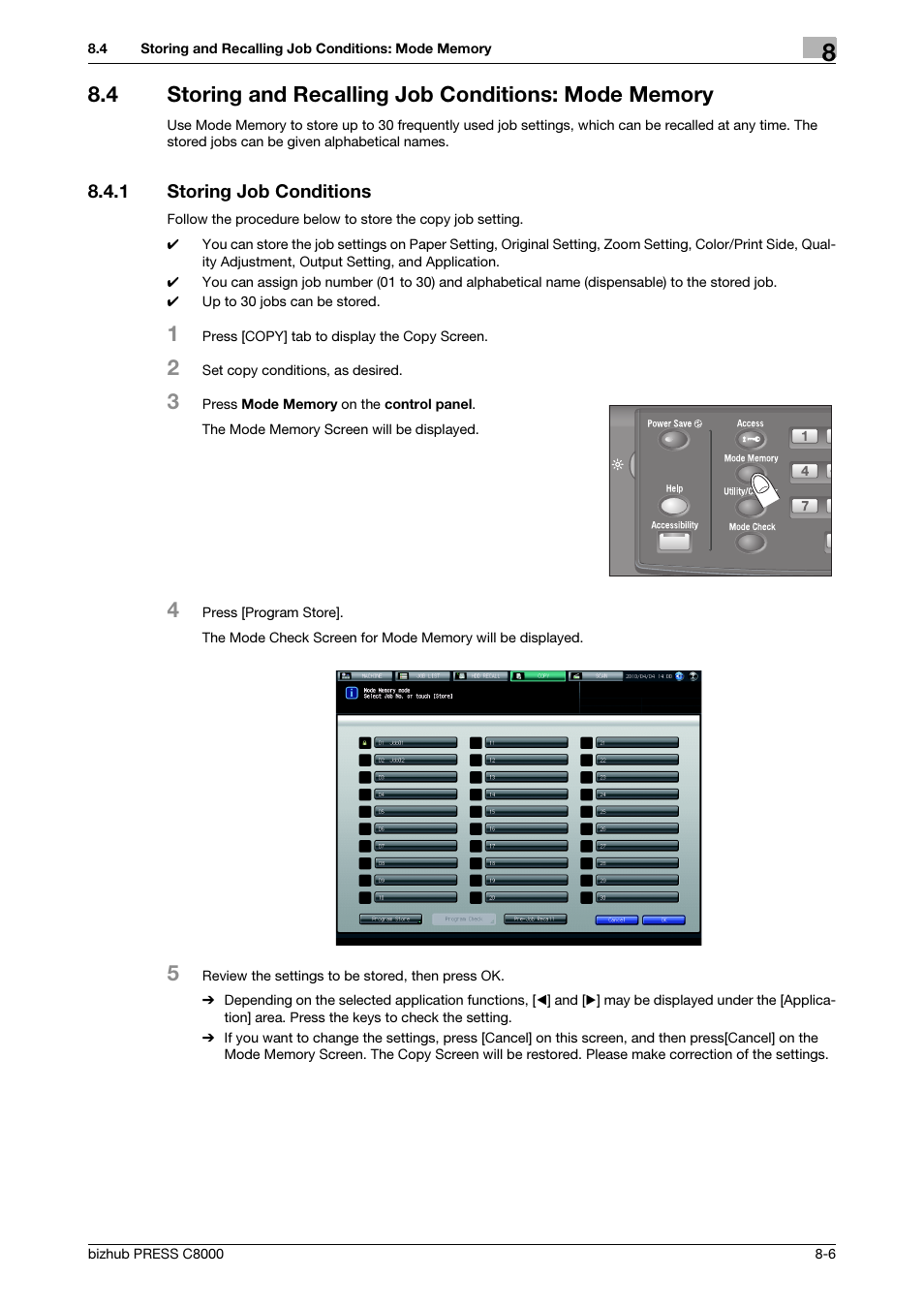 1 storing job conditions, Storing job conditions -6 | Konica Minolta bizhub PRESS C8000e User Manual | Page 287 / 418