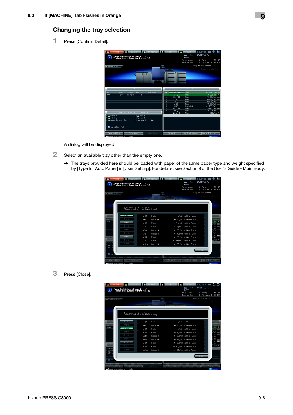 Changing the tray selection | Konica Minolta bizhub PRESS C8000e User Manual | Page 303 / 418