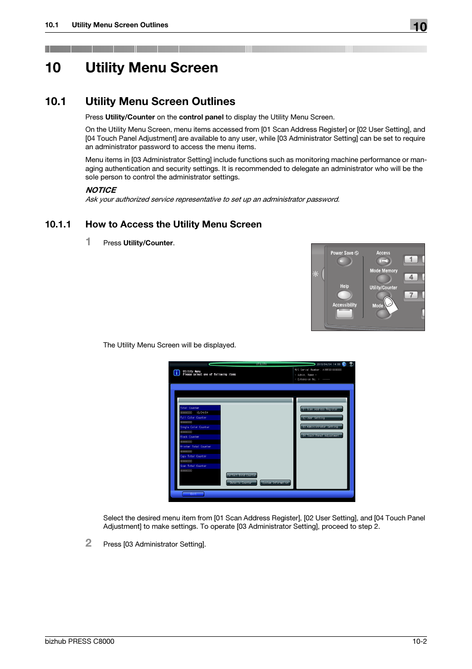 10 utility menu screen, 1 utility menu screen outlines, 1 how to access the utility menu screen | Utility menu screen, Utility menu screen outlines -2, How to access the utility menu screen -2 | Konica Minolta bizhub PRESS C8000e User Manual | Page 310 / 418