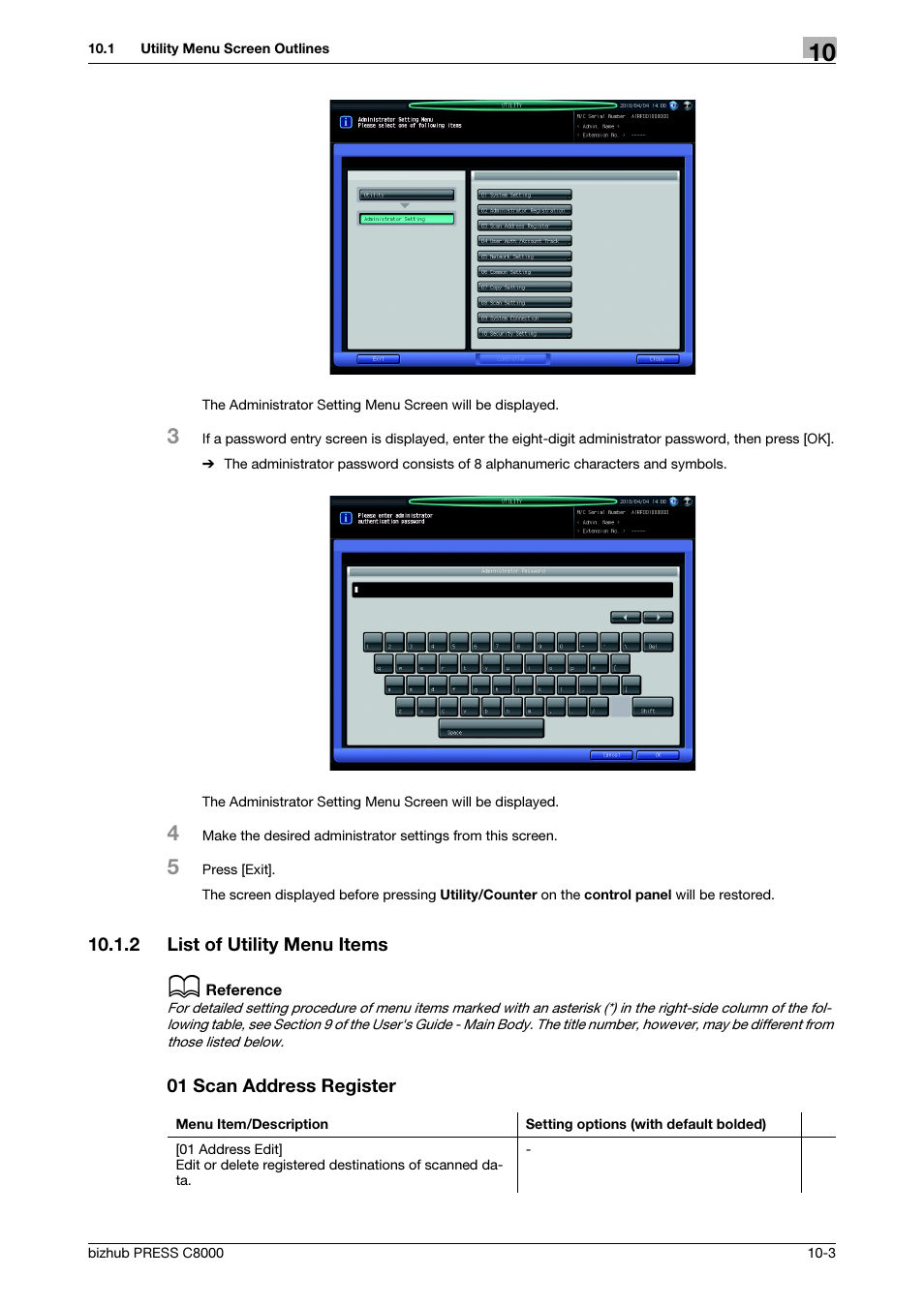 2 list of utility menu items, 01 scan address register, List of utility menu items -3 | Konica Minolta bizhub PRESS C8000e User Manual | Page 311 / 418