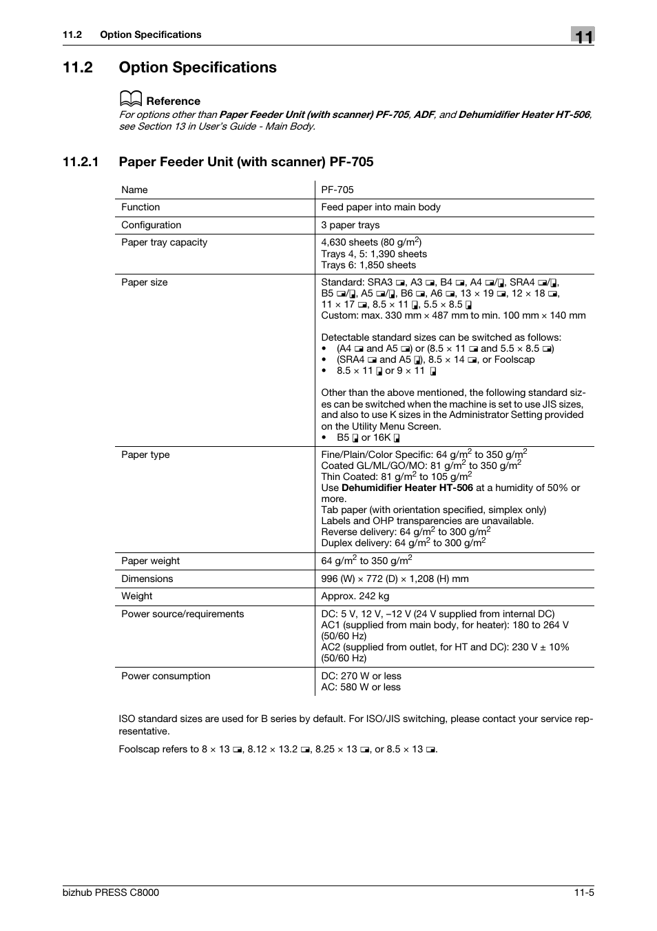 2 option specifications, 1 paper feeder unit (with scanner) pf-705, Option specifications -5 | Paper feeder unit (with scanner) pf-705 -5 | Konica Minolta bizhub PRESS C8000e User Manual | Page 411 / 418