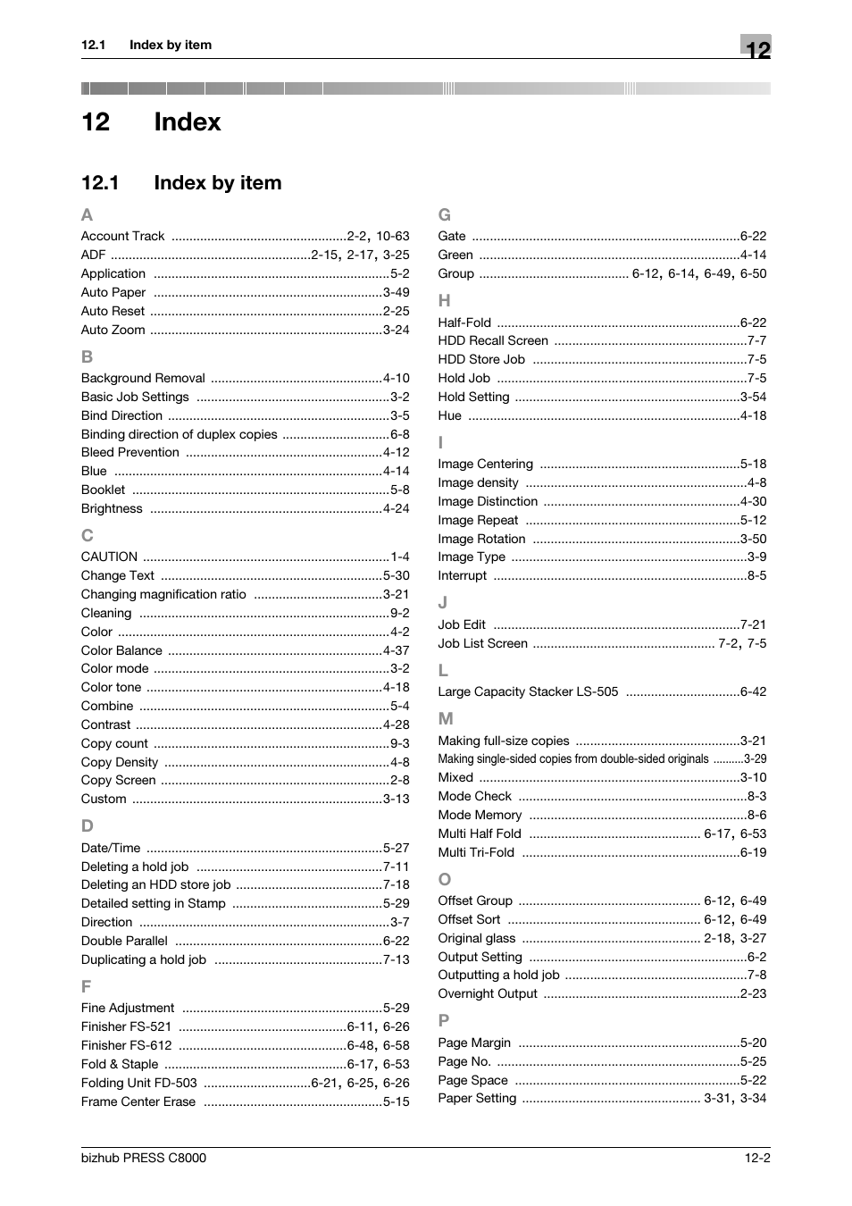 12 index, 1 index by item, Index | Index by item -2 | Konica Minolta bizhub PRESS C8000e User Manual | Page 414 / 418