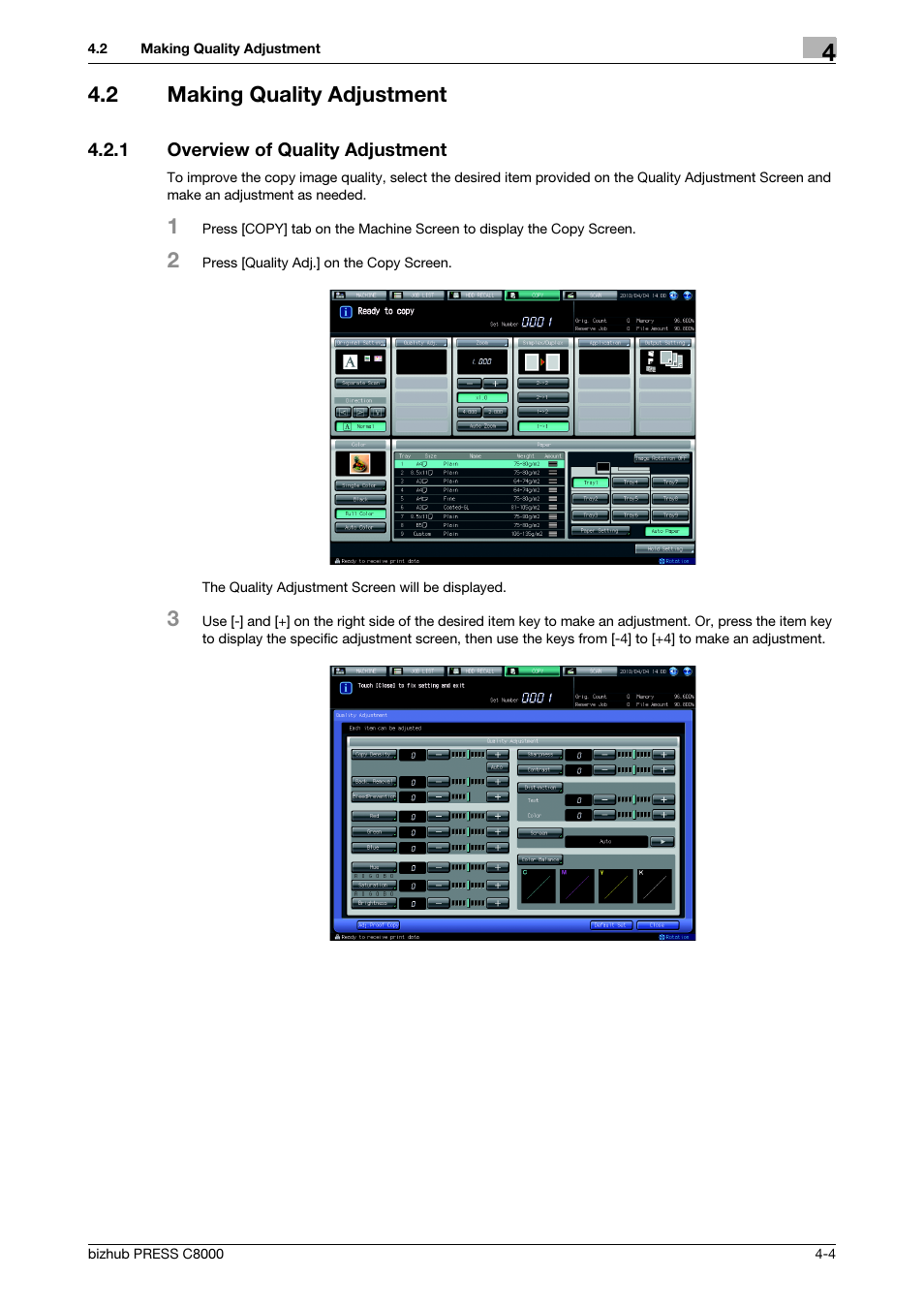 2 making quality adjustment, 1 overview of quality adjustment, Making quality adjustment -4 | Overview of quality adjustment -4 | Konica Minolta bizhub PRESS C8000e User Manual | Page 99 / 418