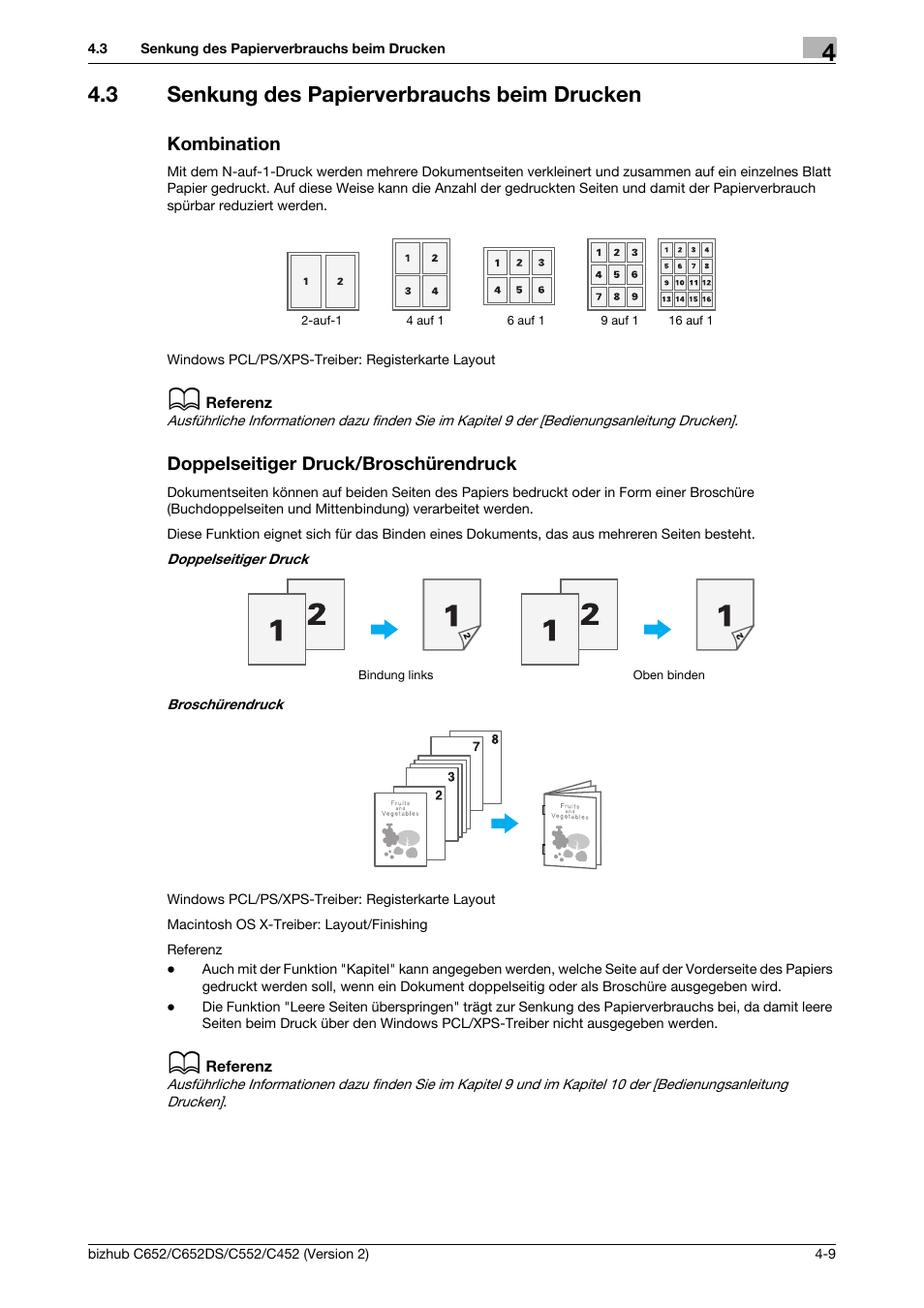 3 senkung des papierverbrauchs beim drucken, Kombination, Doppelseitiger druck/broschürendruck | Konica Minolta BIZHUB C652DS User Manual | Page 203 / 338