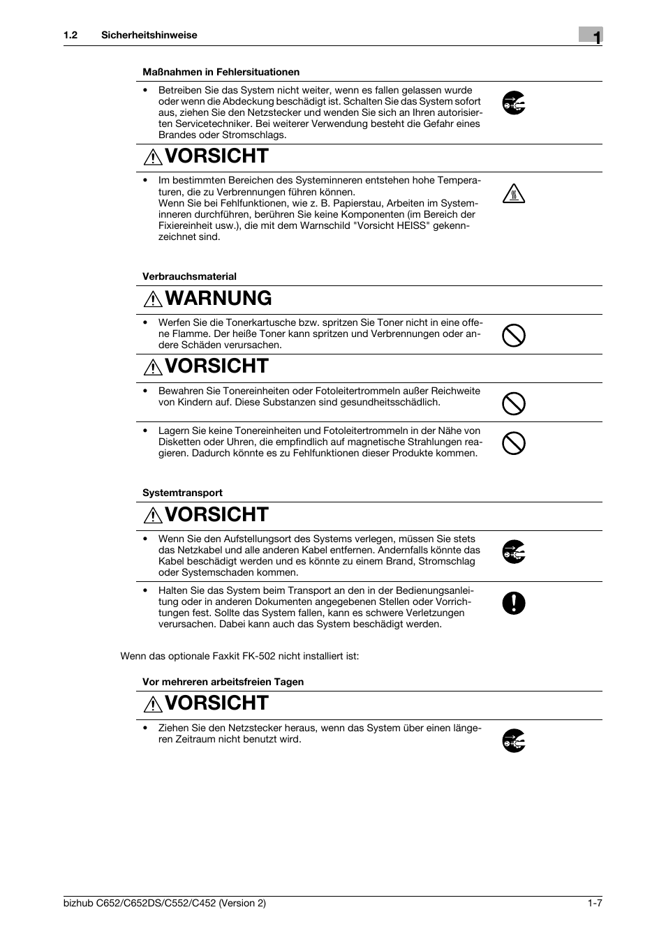 Vorsicht, Warnung | Konica Minolta BIZHUB C652DS User Manual | Page 31 / 338