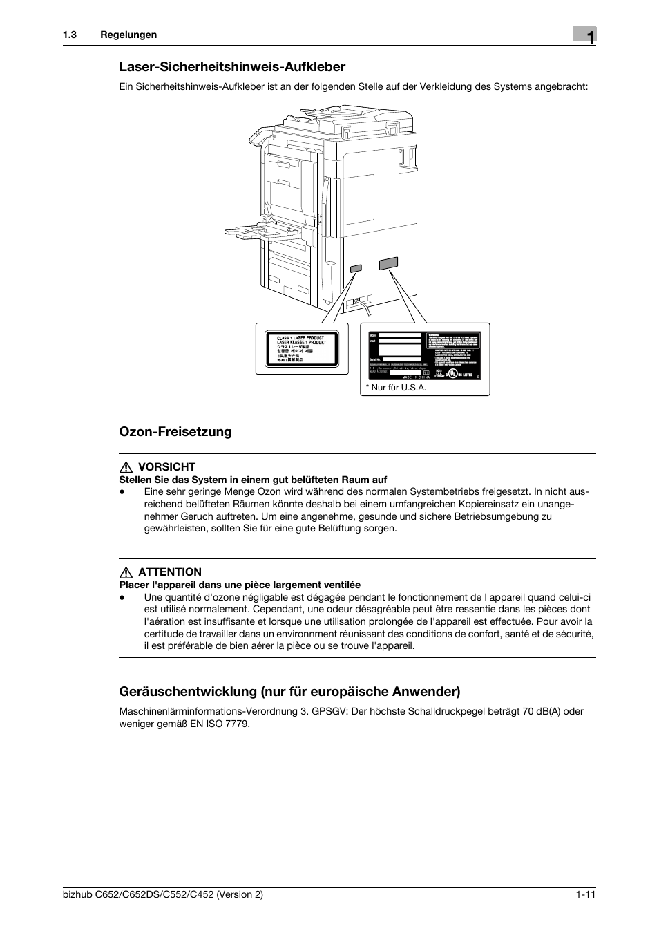 Laser-sicherheitshinweis-aufkleber, Ozon-freisetzung, Geräuschentwicklung (nur für europäische anwender) | Konica Minolta BIZHUB C652DS User Manual | Page 35 / 338