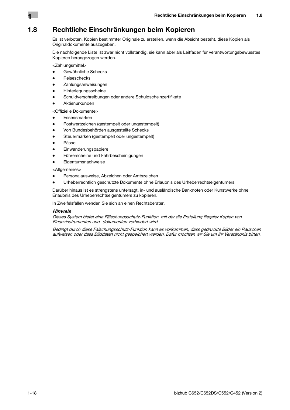 8 rechtliche einschränkungen beim kopieren, Rechtliche einschränkungen beim kopieren -18 | Konica Minolta BIZHUB C652DS User Manual | Page 42 / 338
