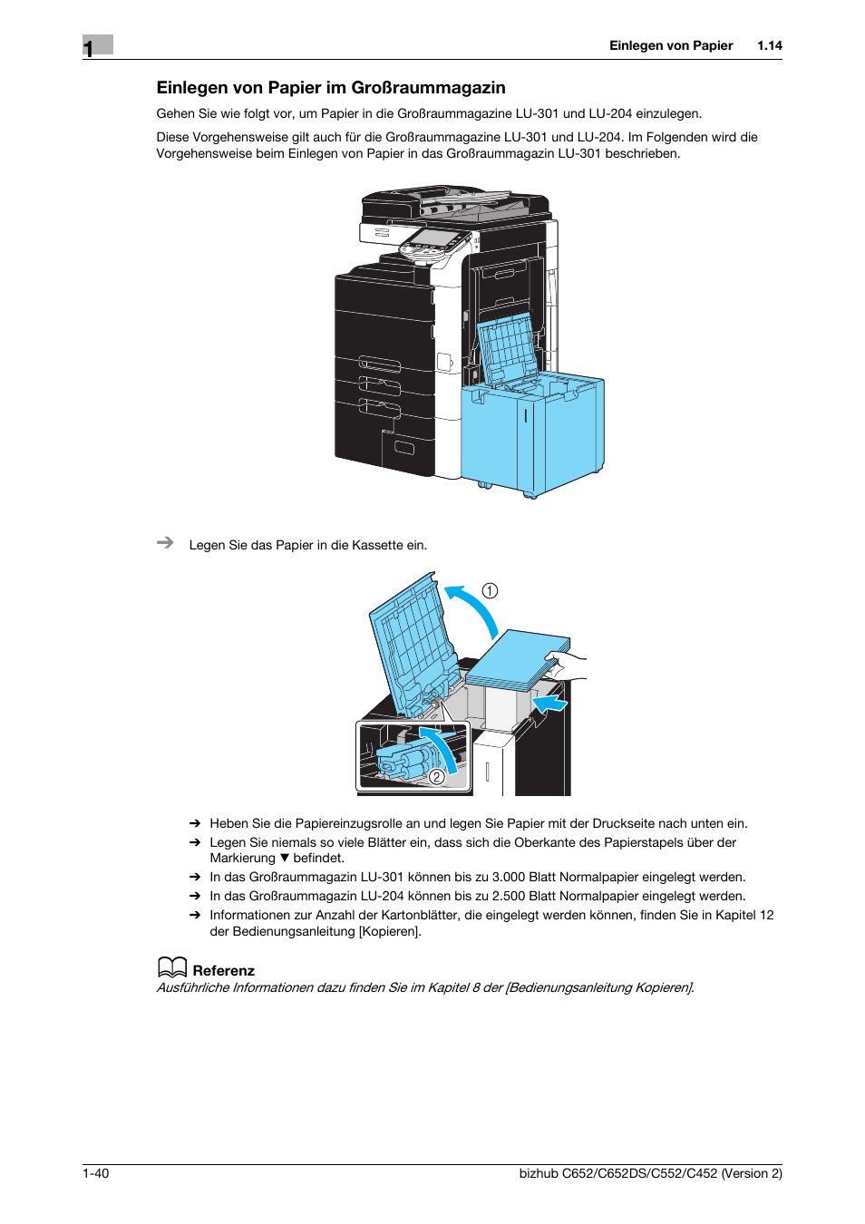 Einlegen von papier im großraummagazin, Einlegen von papier im großraummagazin -40 | Konica Minolta BIZHUB C652DS User Manual | Page 64 / 338